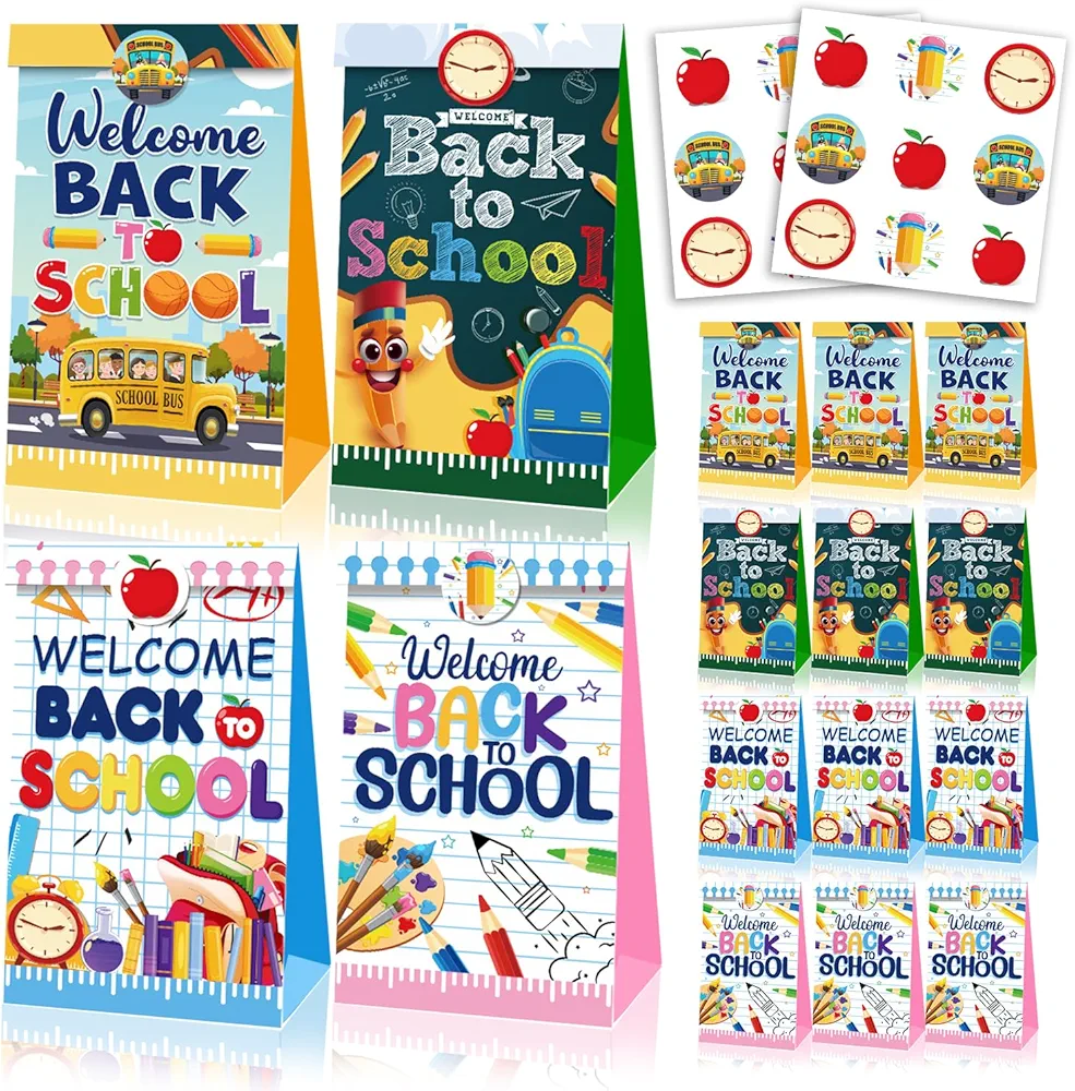 12 Pcs Colorful Welcome Back to School Gift Bags, with 8*5*3 IN Back to School Party Candy Treat Bags, Particular First Day of School Gift Bags and Stickers for Student School Classroom Party Favors