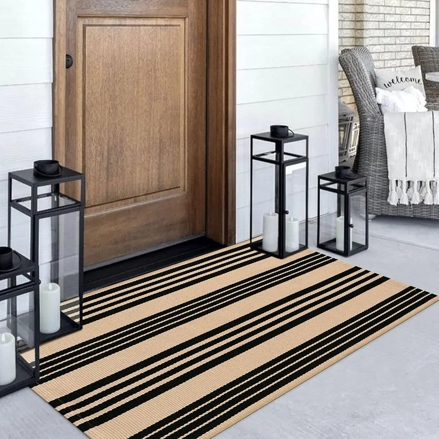 Black and Tan Striped Outdoor Rug, 3’x5’ Cotton Modern Front Porch Door Mat Hand-Woven Reversible Patio Rug Washable Layered Doorway Carpet for Farmhouse/Kitchen/Living Room