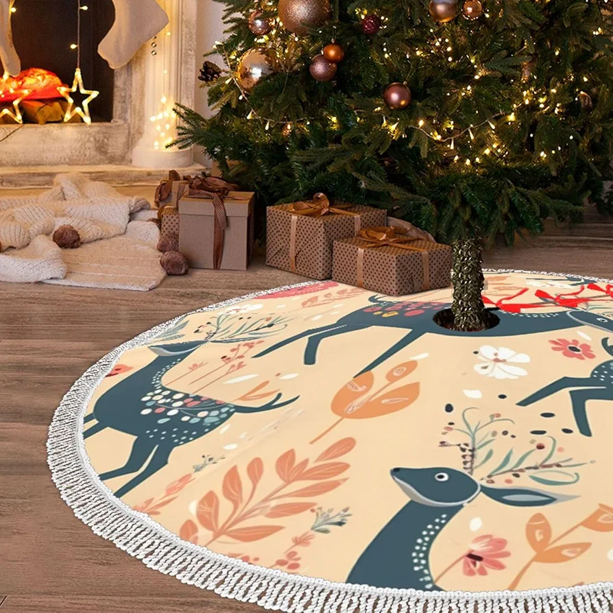 Christmas Tree Skirt with Tassel Deer Pattern 36" Xmas Tree Skirts Tassel Tree Mat Ornament for Home Indoor Outdoor Room Holiday Decoration