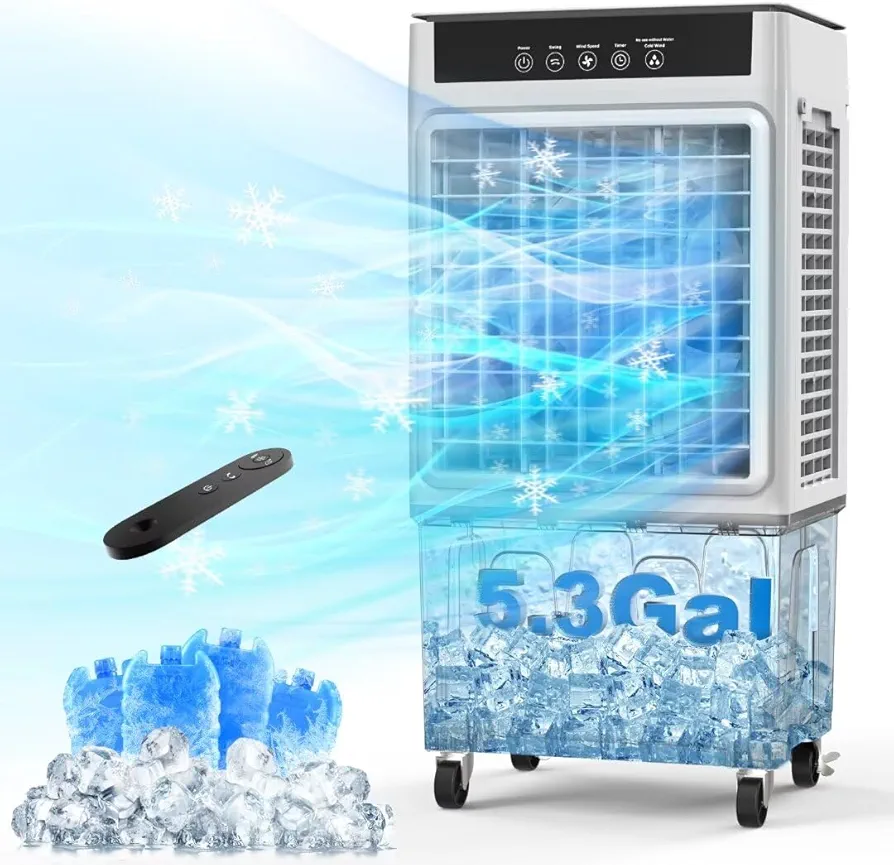 2200CFM Portable Air Conditioners w/Remote, 3-IN-1 Evaporative Swamp Air Cooler w/Remote, 24H Timer, 5.3 Gal Water Tank & 4 Ice Packs, 50°Oscillation, 3 Speeds For Outdoors/Indoors, Home Office