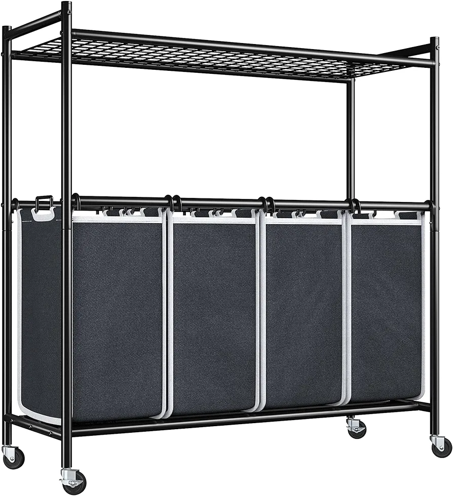 Raybee Laundry Sorter 180L Large Laundry Sorter 4 Section Laundry Sorter with Shelf Rolling Laundry Sorter Laundry Room Organization Laundry Hamper Laundry Basket with Shelves Wheels