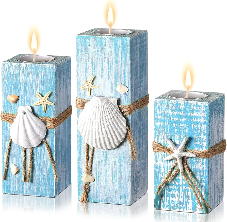 3 Pcs Summer Ocean with Candles Tealight Candle Holders Decorations Wood Table Sign Starfish Scallop Tealight Marine Life Candlesticks for Table Centerpiece Tiered Tray Decor