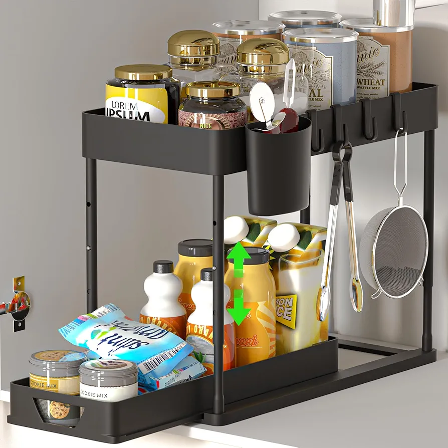 HI NINGER Under sink shelf Pull-out cabinet organizer under the, 2-tier with 4 hooks & 1 hanging cup Liftable with for kitchens.