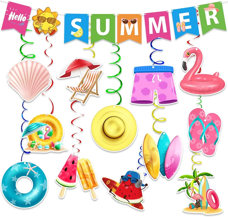 Hello Summer Party Decorations: 25 Pcs Beach Pool Theme Decorations Hanging Swirls and Banner for Kids Adults, Suit for Office Classroom Home Birthday