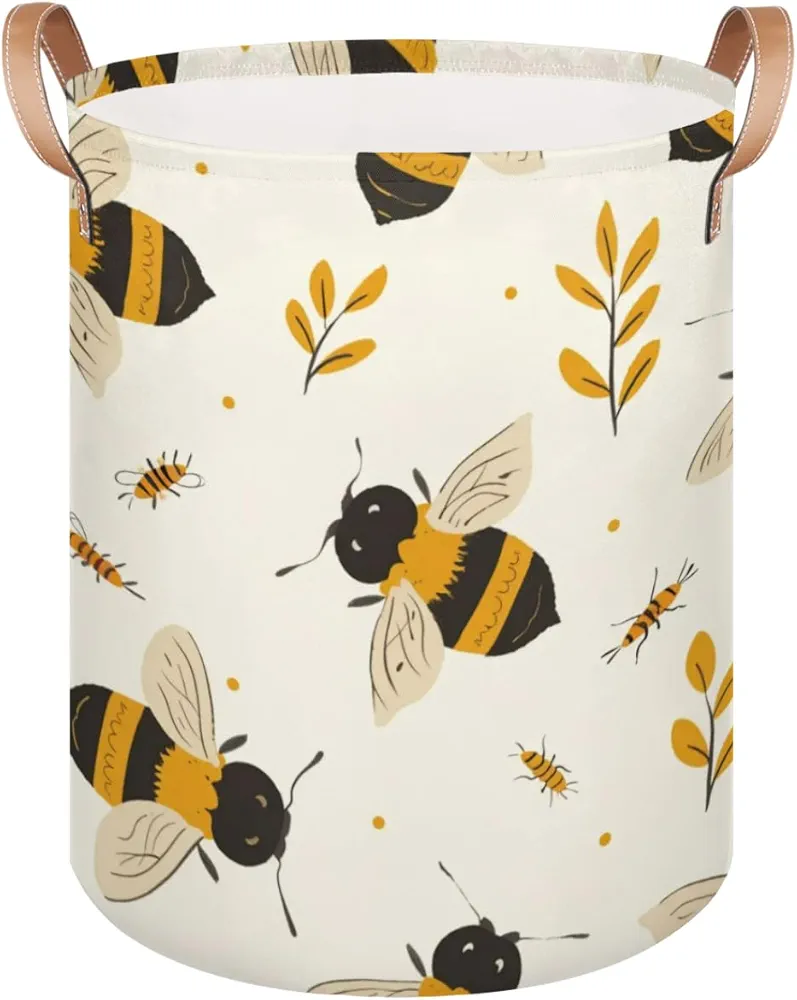 Laundry Basket with Handles, Collapsible Laundry Hamper, Honey Bee Waterproof Round Storage Basket for Blanket Towels, Living Room Bathroom Bedroom Entryway, Cute Bee