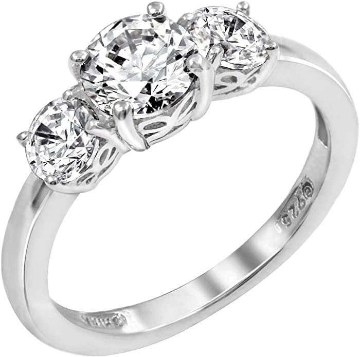 Amazon Collection Platinum or Gold Plated Sterling Silver Round 3-Stone Ring made with Infinite Elements Zirconia