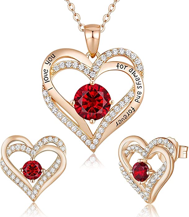 CDE Forever Love Heart Necklace Earrings Set 925 Sterling Silver Rose Gold Plated Birthstone Jewelry Set for Women with 5A Cubic Zirconia Jewelry Birthday Gift