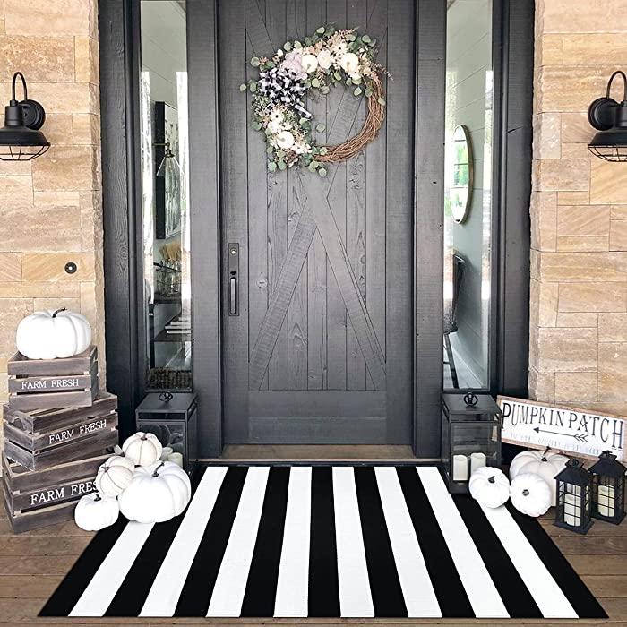 KOZYFLY Black and White Striped Rug 4'x6' Indoor Outdoor Rug Cotton Hand-Woven Washable Striped Layered Doormats for Front Door/Kitchen/Farmhouse/Entryway/Patio