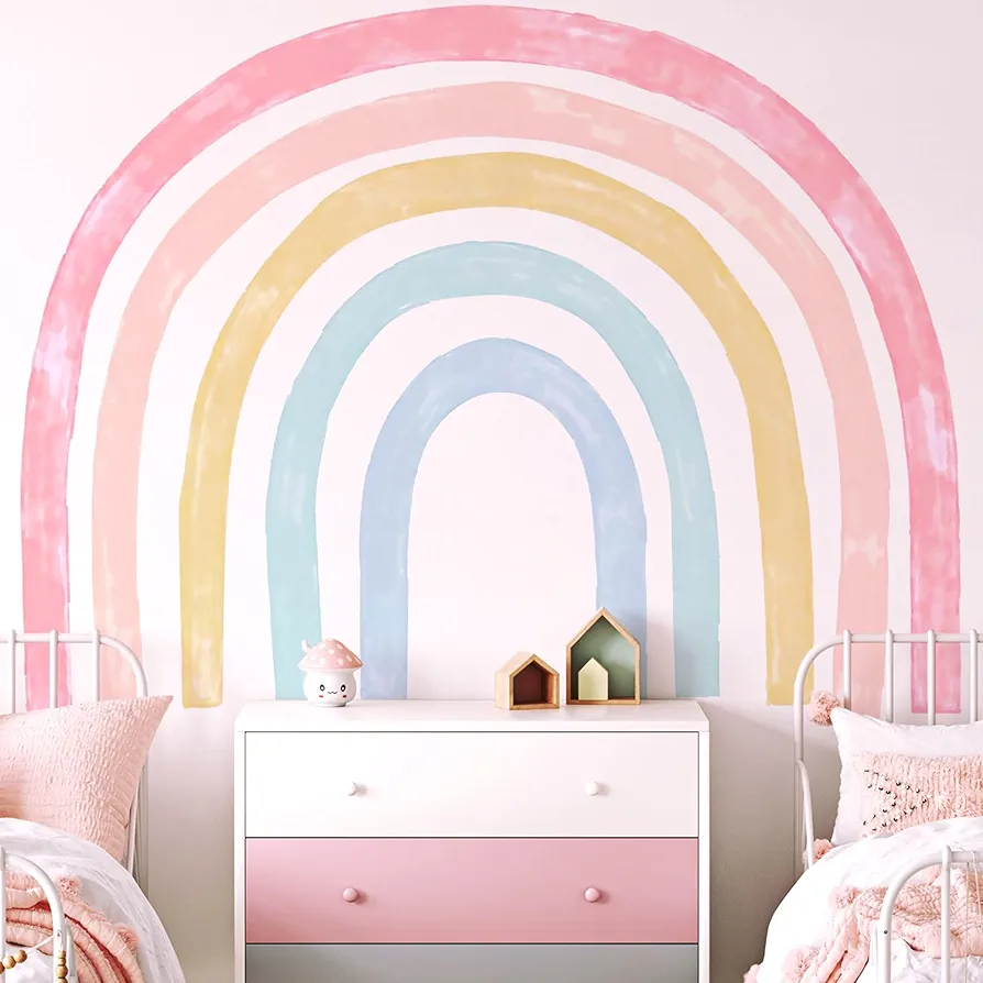 Large Watercolor Rainbow Wall Decals, Colorful Peel and Stick Fabric Nursery Wall Decor, Removable Home Room Wall Decor Murals Stickers for Kids Girls Toddler Bedroom Living Room Playroom