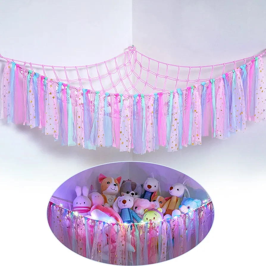 FIOBEE Stuffed Animals Net or Hammock with LED Light, Toy Hammock Hanging Stuffed Animals Storage Organizer Holder Room Décor for Nursery Kids Bedroom