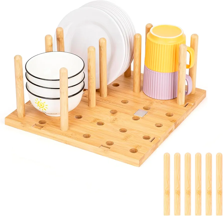 Bamboo Peg Board Organizer & 6 Pcs of Pegs Set for Kitchen Drawer Counter