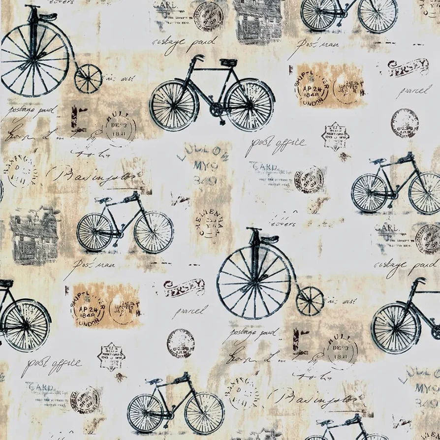 Y9063 Retro Bicycle Contact Paper Peel and Stick Printed Wallpaper 17.7" X 118" Removable Waterproof Shelf Drawer Liner Self Adhesive Vinyl Decorative Film for Kids Room Home Decor