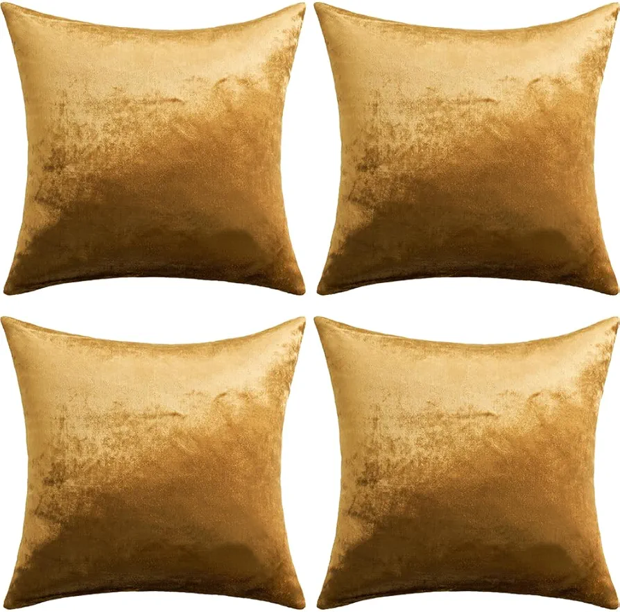 MIULEE Pack of 4 Velvet Throw Pillow Covers Decorative Soft Cozy Solid Luxury Cushion Case for Sofa Couch Bedroom Living Room 18 x 18 Inch Dark Gold