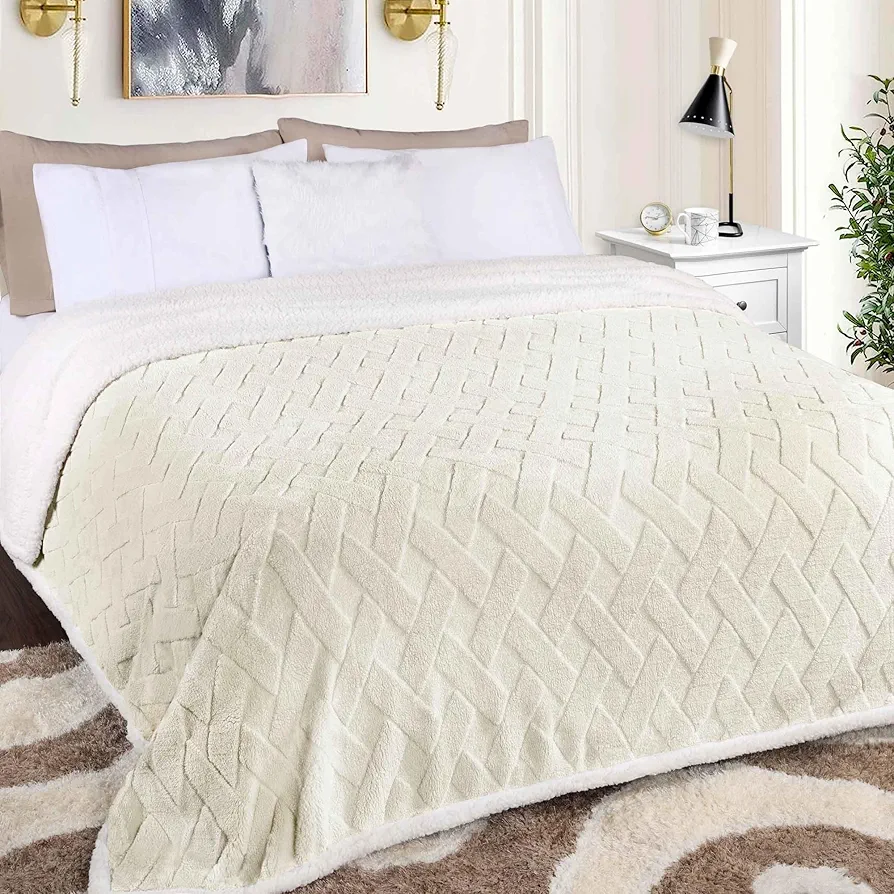 Superior Fleece Reversible Lattice Blanket, Decorative Blankets for Bedroom, Sofa, Fuzzy, Plush, Fluffy, Soft, Cute Room Decor, Beautiful Cover, Comfort Essentials, Nuuk Collection, Twin, Ivory