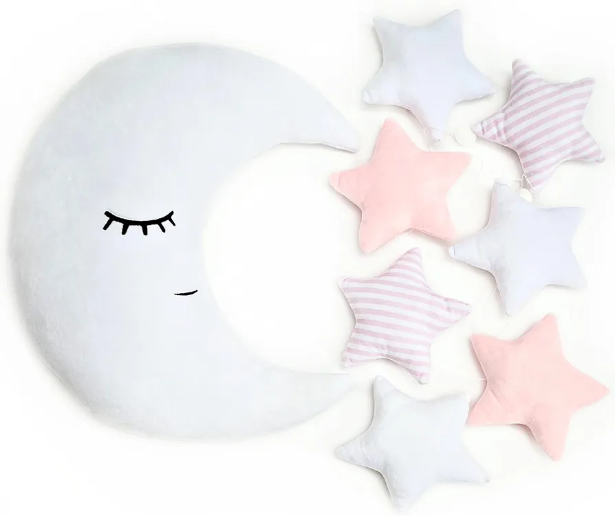 Perfectto Design Kid’s Moon Decorative Pillow, Stars Garland for Girls Toddler Room - Fluffy Moon, Stars Wall Decor, Soft Cute Throw Pillow for Bed, Bedroom Boho Teepee Ornament Decoration