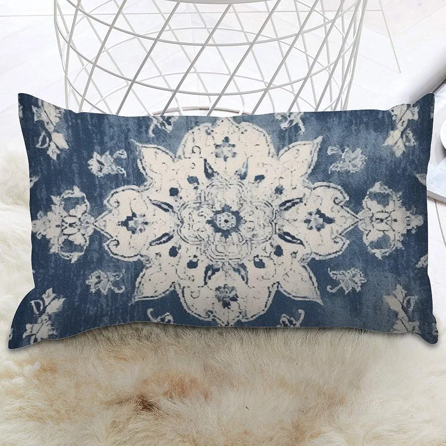 ArogGeld Asian Style Pillow Cover Blue Damask with Navy Cushion Cases Traditional Oriental 12x20in Decorative Pillow Home Cotton Linen Traditional Rectangle Lumbar Pillow Case for Living Room Sofa