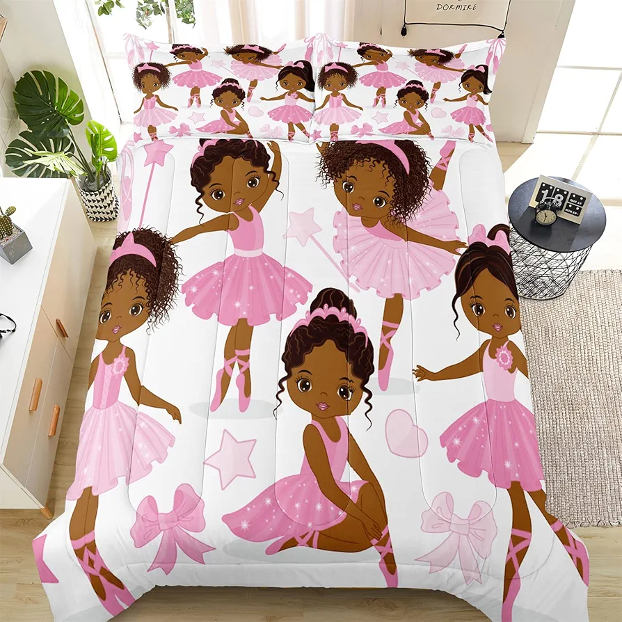 Twin Bedding Sets for Girls, African American Magic Comforter Set with Ballet Dancer, Pink Bed Set for Toddler Kids Teens, Little Girls Bedroom Decor