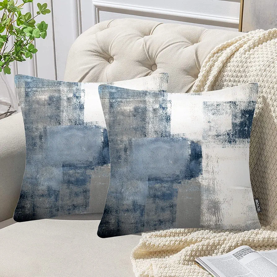 Throw Pillow Covers 18x18 Set of 2, Decorative Soft Velvet Pillow Covers, Modern Abstract Outdoor Standard Square Cushion Pillowcases for Farmhouse Sofa Bedroom Living Room Car, Blue and Grey