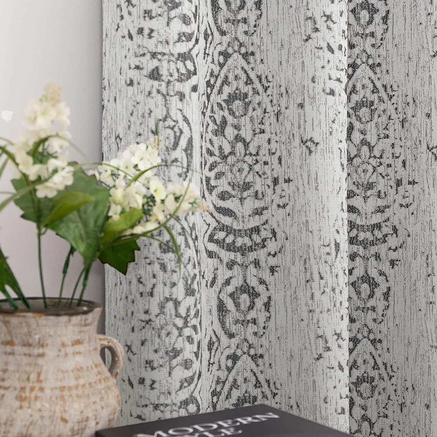 Grey and White Geometric Moroccan Patterned Curtains 84 Inches Long for Living Room 50% Blackout Room Darkening Damask Modern Stylish Curtains for Bedroom 84 Inch Length 2 Panels Set Light Gray