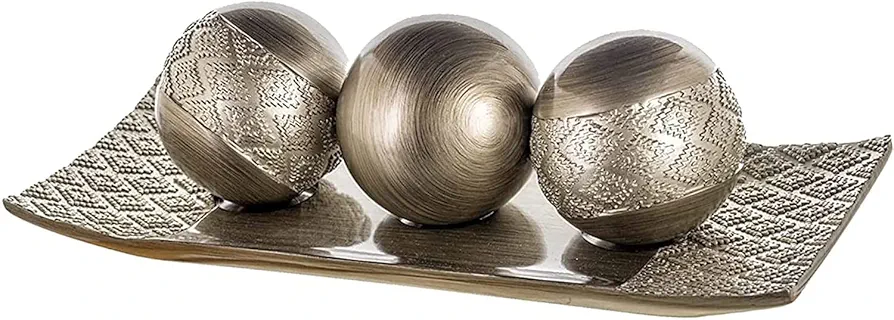 Creative Scents Dublin Decorative Tray and Orbs Balls Set - Centerpiece Bowl with Balls for Dining room Table, Rustic Decorated Spheres Kit for Living Room Coffee Table, Gift Boxed (Brushed Silver)