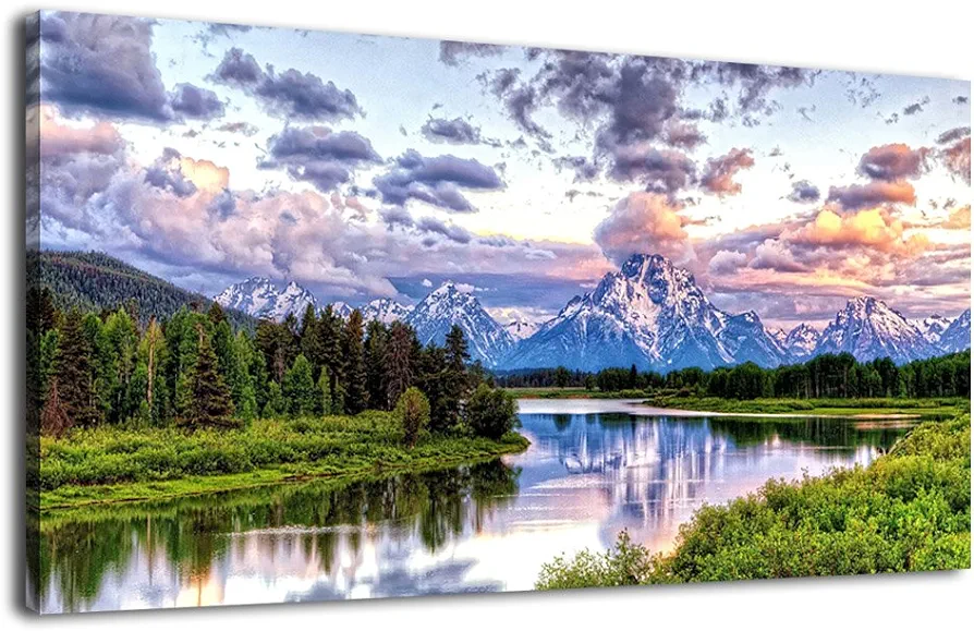 arteWOODS Landscape Canvas Wall Art Nature Picture Oxbow Bend Grand Teton National Park Modern Canvas Artwork River and Forest Contemporary Wall Art Large Size for Home Office Decoration 20" x 40"