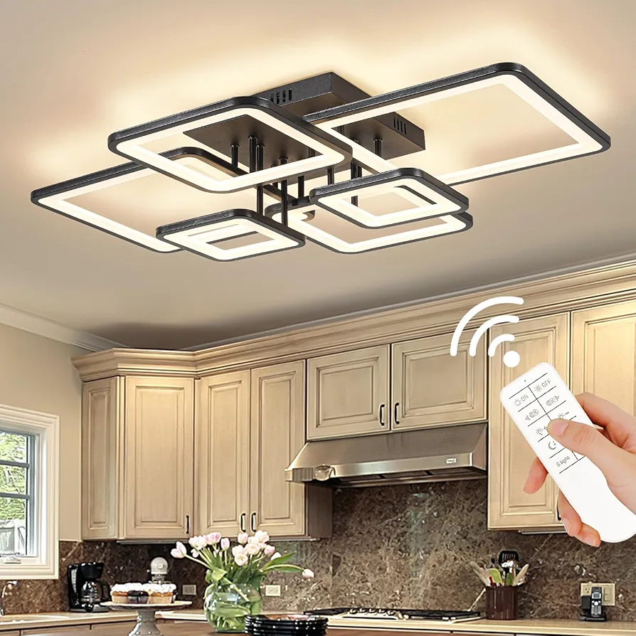 Modern LED Ceiling Light Fixture Black Flush Mount Ceiling Light for Bedroom 31.5" Dimmable 6 Ring Square Ceiling Light for Kitchen with Remote Control for Living Room,Dining Room,Hallway