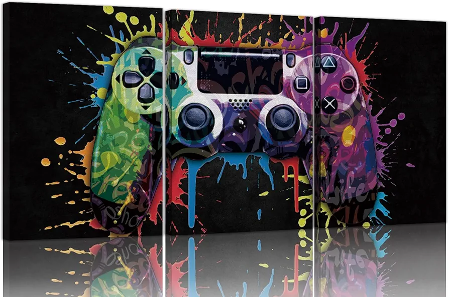 Ausril Gamepad Graffiti Framed Canvas Wall Art Set, Gamer Room Wall Decor, Black Video Game Theme Wall Painting, Colorful Gaming Controller Art Print for Living Room Boys Bedroom Playroom 16"x24"x3