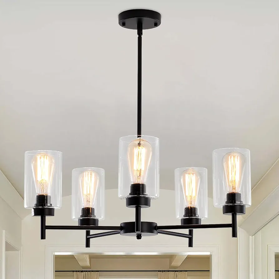 Black Chandelier, 5 Lights Farmhouse Chandeliers with Clear Glass Shades, Dining Room Light Fixture, Industrial Large Ceiling Pendant Light for Living Room,Bedroom,Kitchen,Foyer