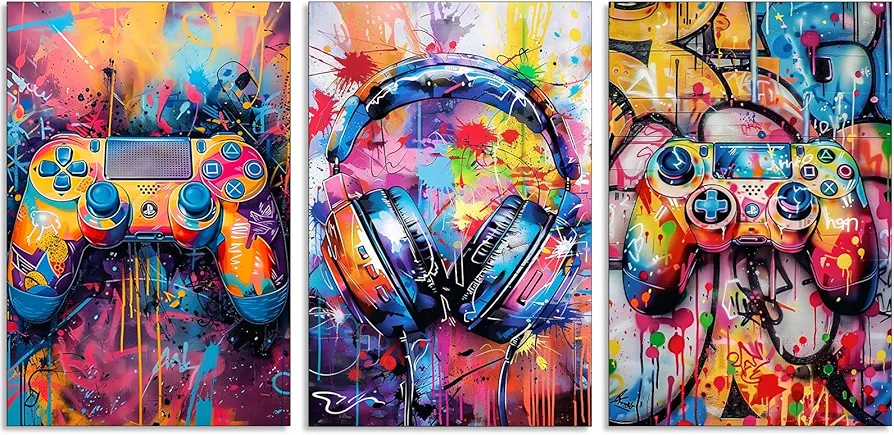 DOVPOD Gaming Graffiti Wall Art Watercolor Video Game Posters Set of 3pcs Retro Posters Colorful Gamepad Canvas Painting Prints for Game Room Bedroom Decor Gifts for Boys 12x18 inch Unframed