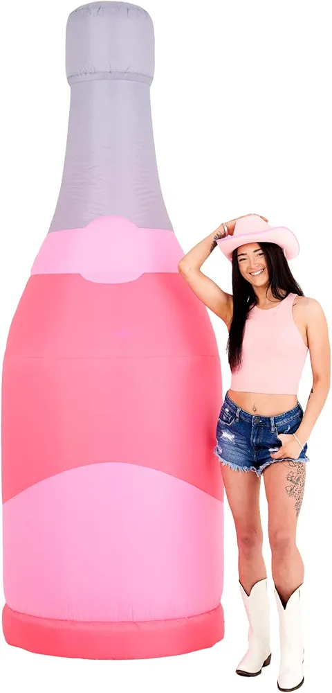 8ft Tall Bubbly Pink Champagne Bottle with Pink LED Lights, Large Blow-Up Inflatable Champagne Bottle Decorations for Bachelorettes, Weddings, Pool Parties, Celebrations, and Greek Life