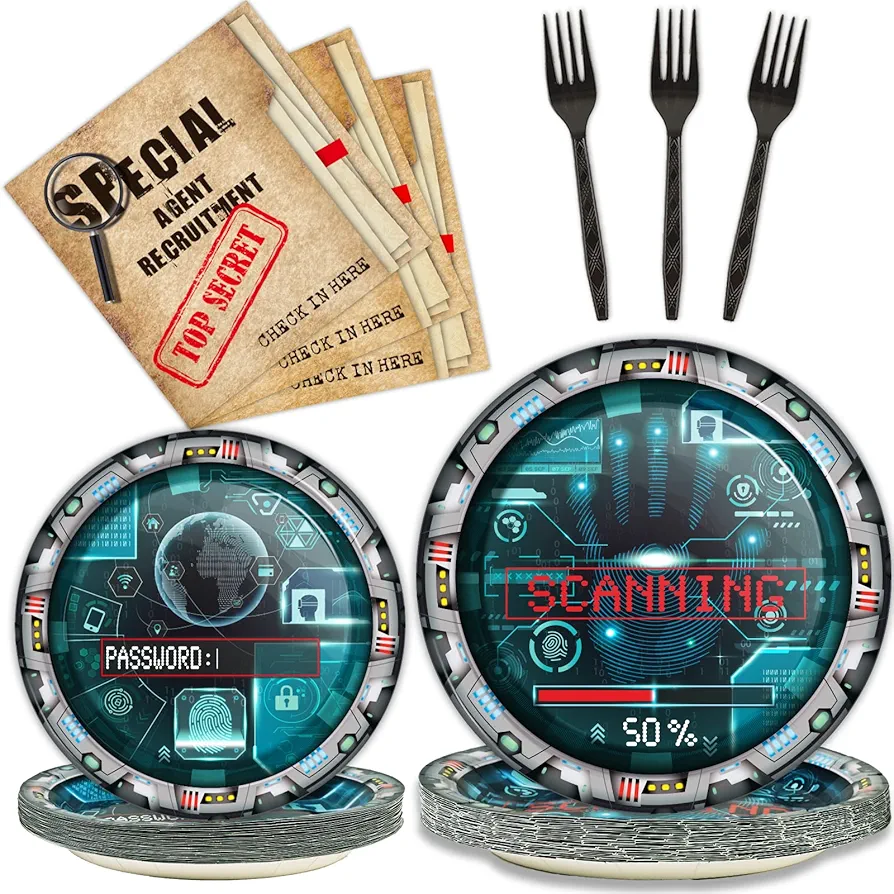 96 Pcs Secret Agent Birthday Party Paper Plate and Napkin Top Secret Spy Detective Plates Napkins, and Forks Party Set Escape Room Tableware Kit for Party Favors 24 Guests