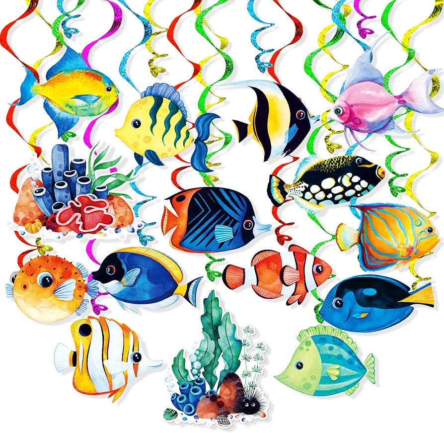 Tropical Fish Hanging Swirls Banner Decor 30 Pack Foil Ceiling Hanging Swirls Streams Banner Decorations Garland for Under The Sea Ocean Celebrating Events Birthday Party Supplies Room Wall Decor