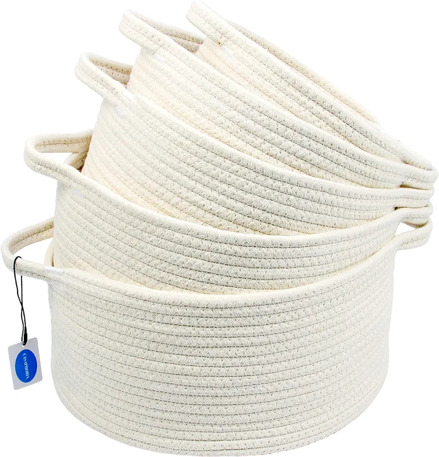 Casaphoria Cotton Rope Storage Baskets Bin Set of 5 Storage Round Organizer Foldable Decorative Woven Basket for Clothes,Sundries,Books,Towels for livingroom,Laundry Hamper,pack of 5, Cream