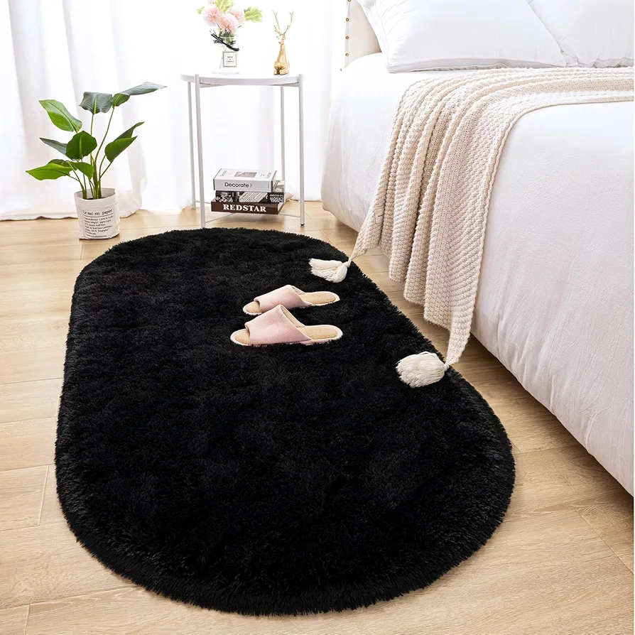 Merelax Soft Shaggy Rug for Kids Bedroom, Oval 2.6'x5.3' Black Plush Fluffy Carpets for Living Room, Furry Carpet for Teen Girls Room, Anti-skid Fuzzy Comfy Rug for Nursery Decor Cute Baby Play Mat