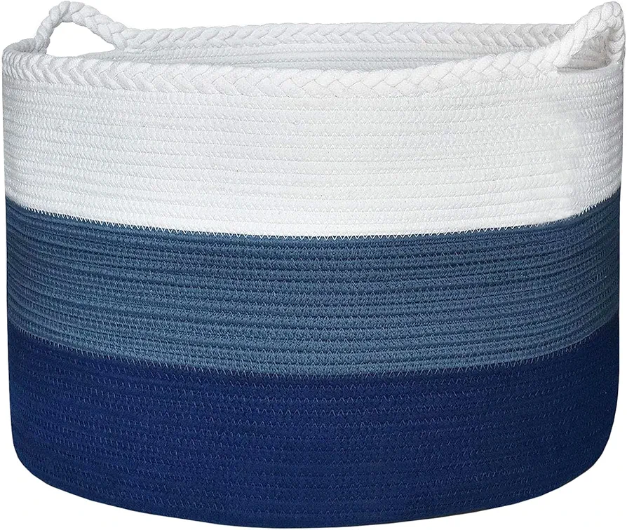 Casaphoria Stuffed Animal Storage, Woven Storage Basket, Laundry Hamper,Laundry Basket, 21.7*21.7*13.8in Clothes Basket, Cotton Rope Basket, Blanket Basket Living Room (White&Cadet Blue& Navy Blue)