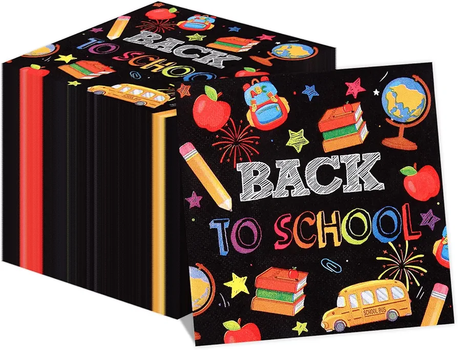 50 Pack Back to School Paper Napkin 6.5'' x 6.5'' Pencil Apple Book Prints Paper Napkin Disposable Lunch Napkin for First Day of School Classroom Party Supplies Table Decoration