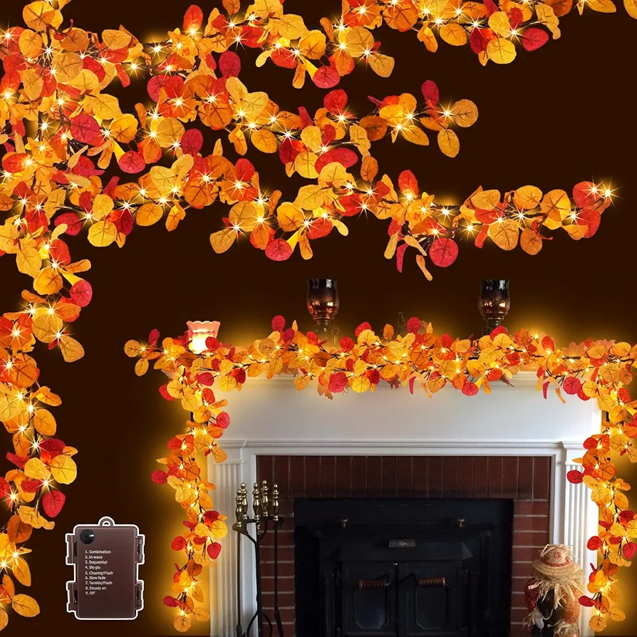 6FT 100LED Fall Eucalyptus Garland with Lights Fall Decorations Battery Operated with Timer Prelit Fall Leaves Garland for Autumn Thanksgiving Halloween Decor Home Indoor Outdoor Wedding