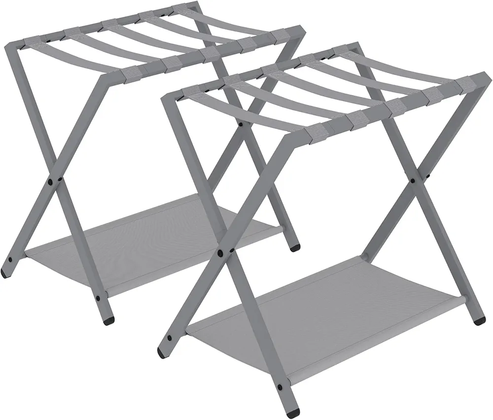 Folding Luggage Rack - Luggage Stand for Guest Room Foldable, Suitcase Holders with Storage Shelf, Steel Frame with Nylon Straps, for Bedroom, Hotel, Holds up to 131 lb, Greige, 2 Pack LR03999G