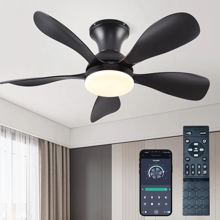 33In Black Low Profile Ceiling Fans with Lights and Remote/APP Control, Modern Flush Mount Ceiling Fan with 5 Reversible Blades for Outdoor Patio,Small Room,Bedroom