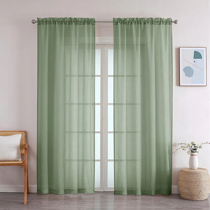 OWENIE Crushed Sage Sheer Curtains 84 Inch Length 2 Panels Set for Living Room/Bedroom, Rod Pocket Window Treatment Light Filtering Semi Sheer Crinkled Curtains, 2 pcs, Each 42" W x 84" L