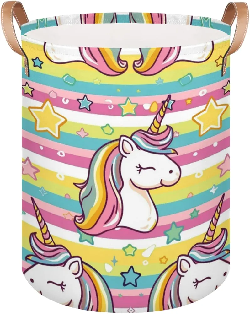 Laundry Basket with Handles, Collapsible Laundry Hamper, Cute Unicorn Waterproof Round Storage Basket for Blanket Towels, Living Room Bathroom Bedroom Entryway, Cartoon Unicorn