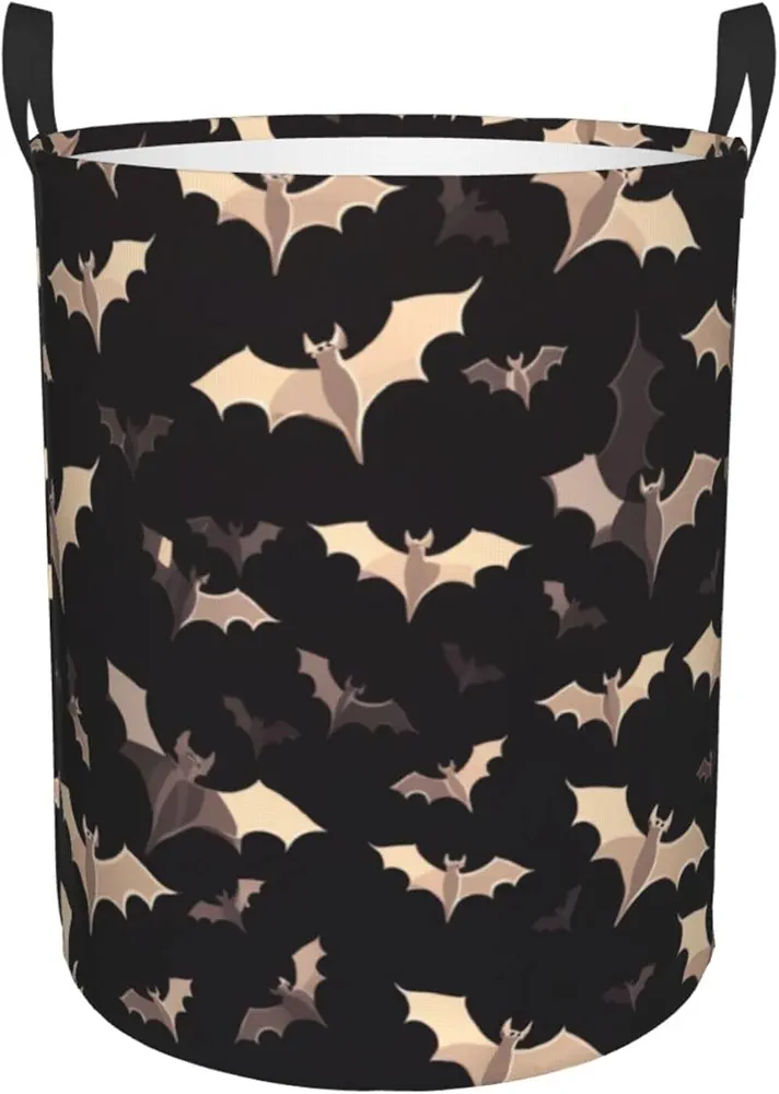 Halloween Flying Bats Print Laundry Basket Circular Laundry Hamper with Handles Waterproof Circular Hamper Dirty Clothes Basket Portable Storage Bin for Home Organizer Living Room Bathroom Car Small