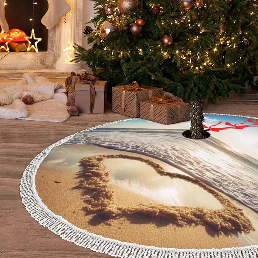 30" Christmas Tree Skirt with Tassel Heart Shape Romantic Beach Xmas Tree Skirts Tassel Tree Mat Ornament for Home Indoor Outdoor Room Holiday Decoration