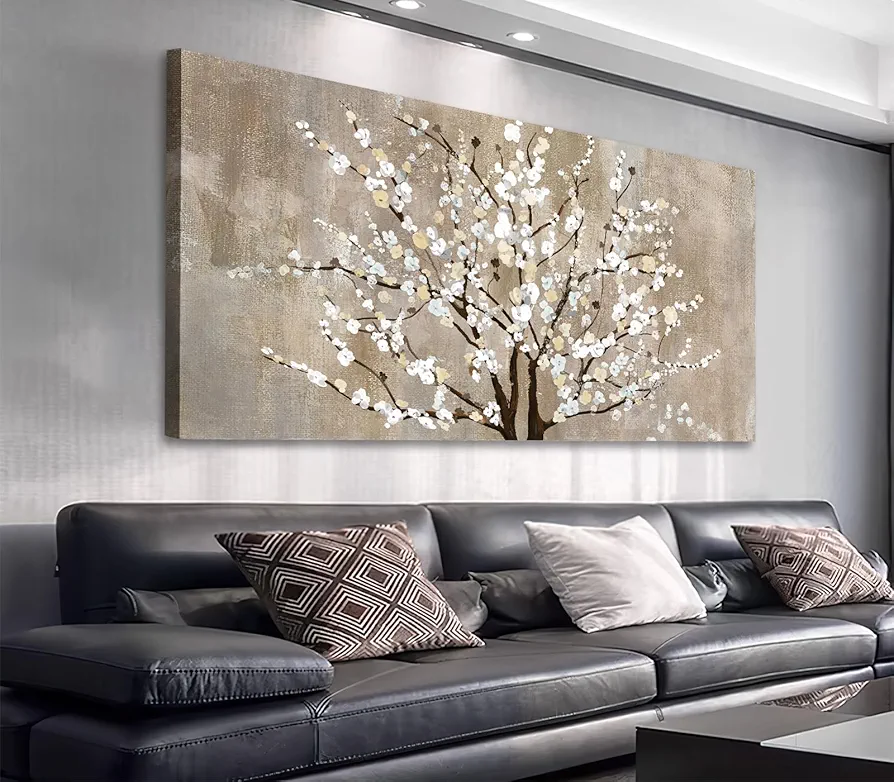 Flower Canvas Wall Art for Living Room Plum Blossom Canvas Wall Pictures for Bedroom Wall Decor Brown Pink White Elegant Floral Canvas Prints Artwork Home Decorations Framed Ready to Hang 29" x 58"