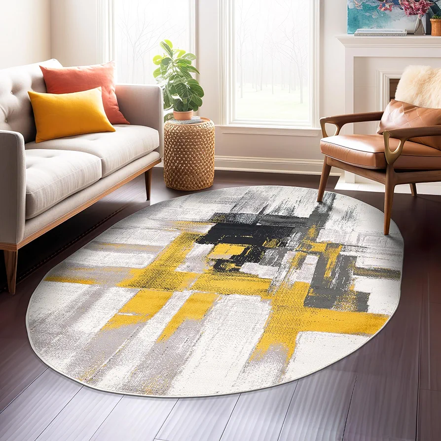 Rugshop Contemporary Modern Abstract Oval Area Rug 5' x 7' Gold