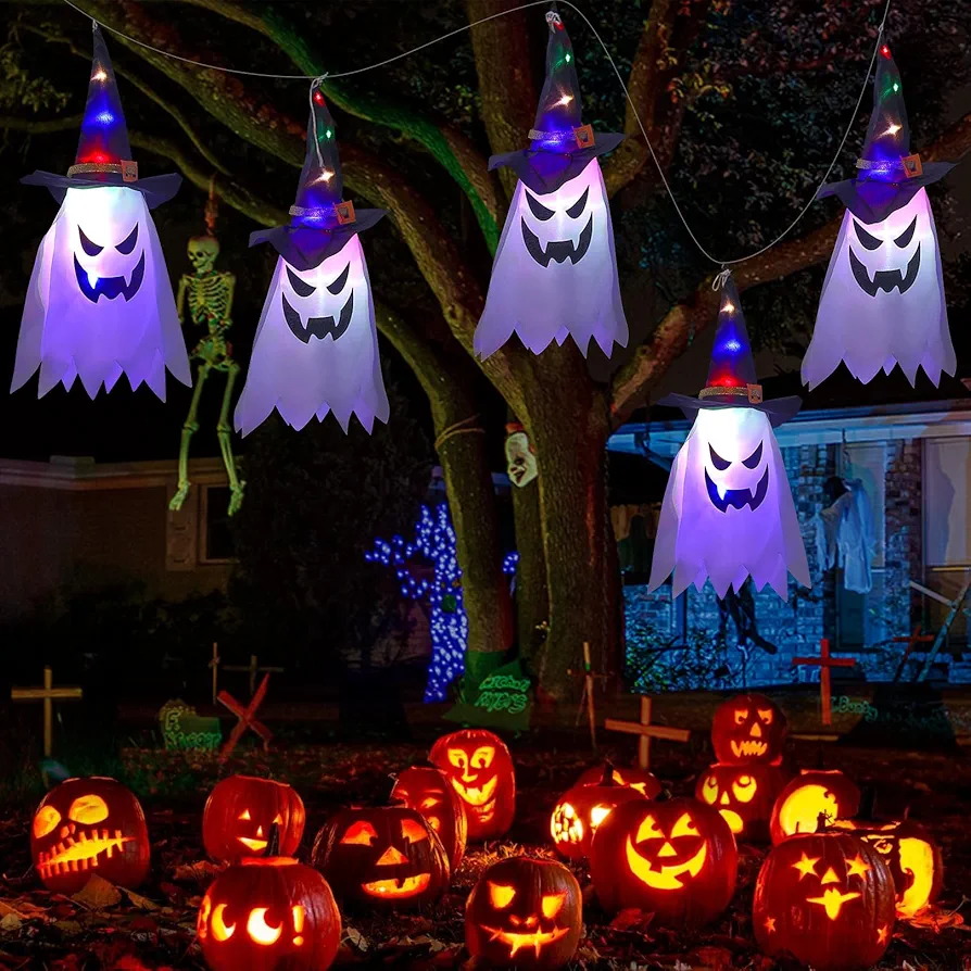 Halloween Decorations Outdoor,Hanging Ghosts Halloween Decor with String Lights,Glowing Ghost Witch Hat Halloween Decorations Indoor Ornaments Halloween Lights Outside for Home Tree Porch Garden Yard