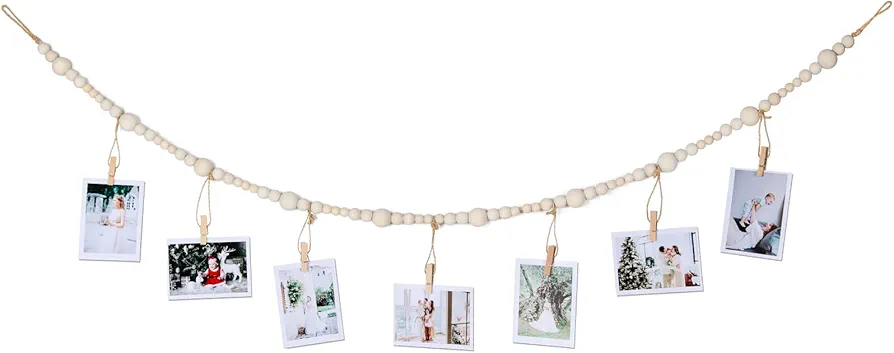 RECUTMS Hanging Photo Display Wall Decor, Macrame Wall Hanging Boho Wooden Beads Living Room Bedroom, Picture Frame Collage Board with 7 Clips, Christmas Birthdays Teenage Teen Girl Present