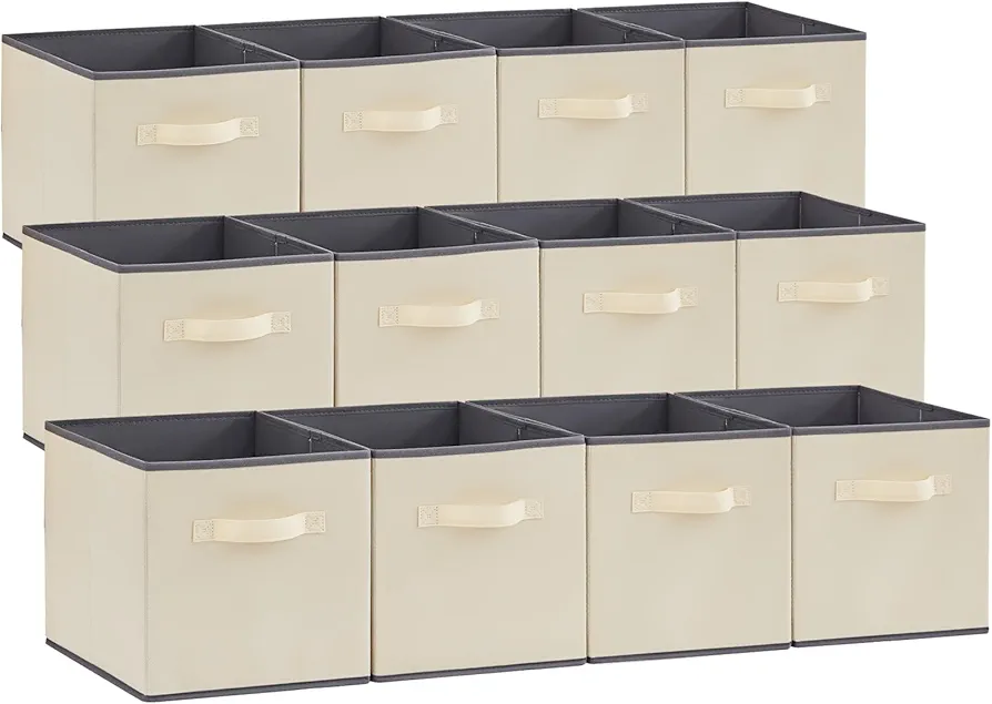 Lifewit 12 Packs Storage Cubes, 11 Inch Cube Storage Bins, Foldable Decorative Fabric Storage Baskets for Organizing Home Organizers with Handles for Shelves, Closet,Beige