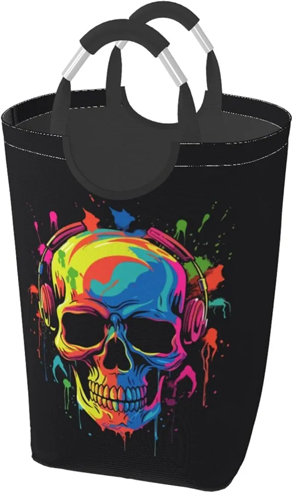 Collapsible Laundry Basket with Aluminum Handle, 50L Large Capacity Waterproof Colorful Hip Hop Skull Pattern Dirty Clothes Hamper for Bedroom Bathroom Living Room