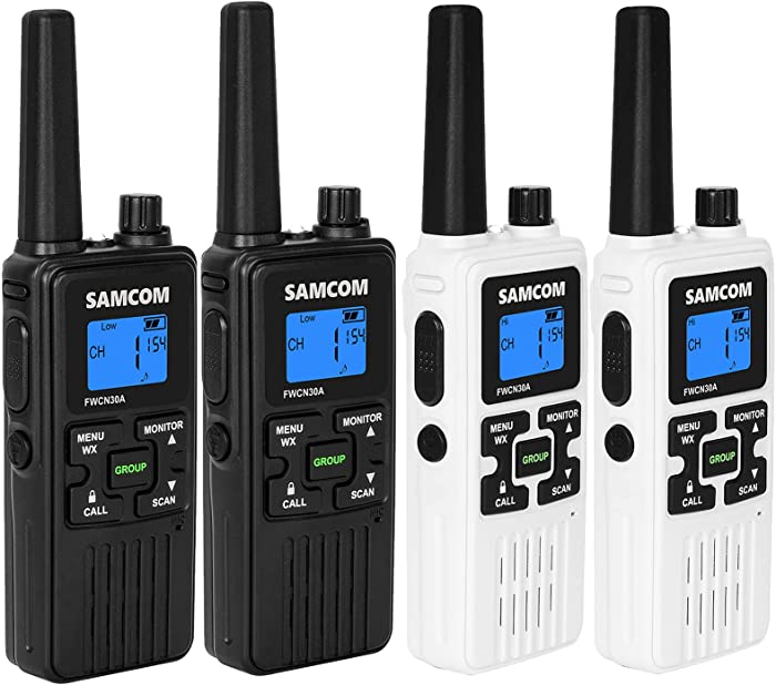 4 Walkie Talkies for Adult Kids Rechargeable FRS Handheld 2 Way Radio Long Range with Earpiece USB Charger Battery NOAA Weather Alert, VOX, LED Lamplight,Black+White